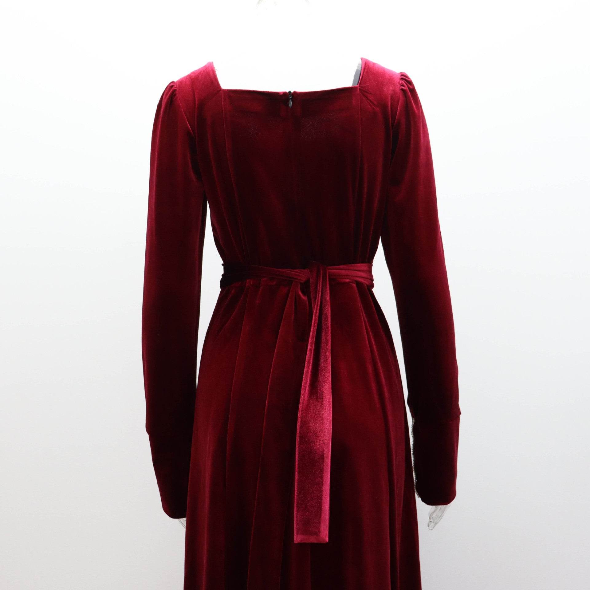 Korean Velvet Bell Sleeve Square Collar A line Dress - REBECATHELABEL