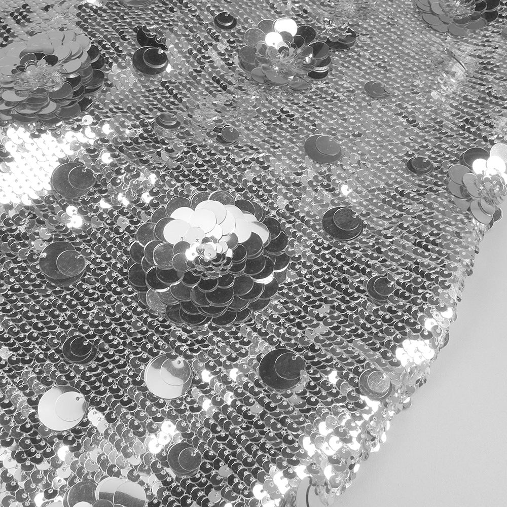 Silver Sequin Spaghetti Straps Evening Long Dress