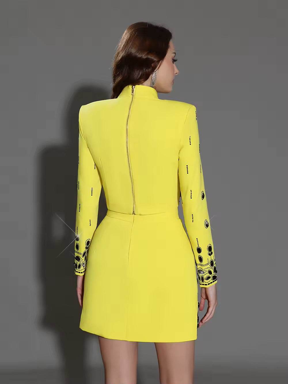 Stand Collar Long Sleeve Spliced Diamonds Top High Wiast Mini Skirt - REBECATHELABEL