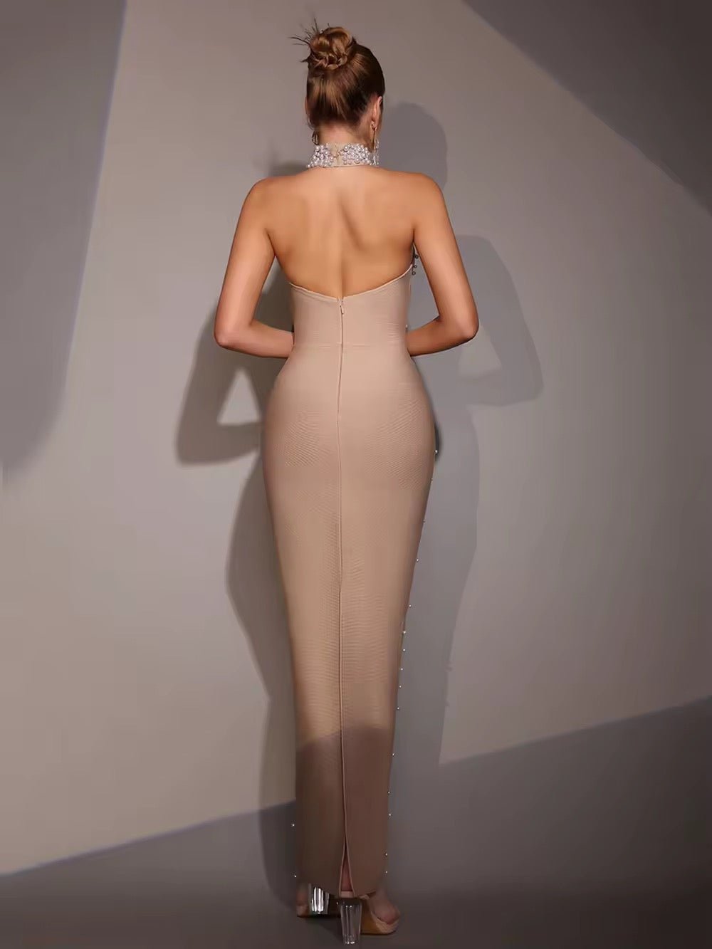 Halter Pearl Beads Bodycon Bandage Maxi Dress