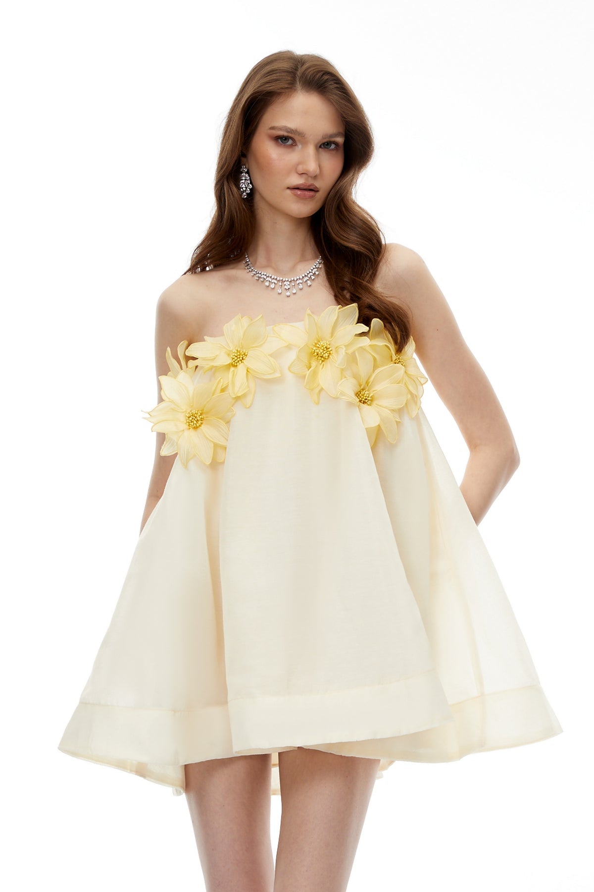 Yellow Off Shoulder Mini Dress with 3D Florals