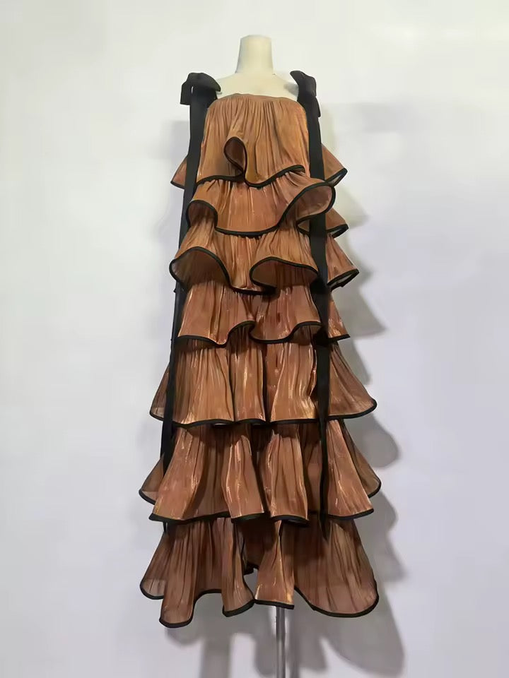 Tiered Ruffles Satin Long Square Neck Sleeveless Bowknot Strap dress