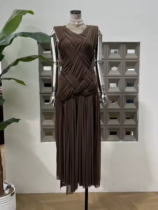 Mesh Folds Cross Weaving Design Bodycon Long Dress