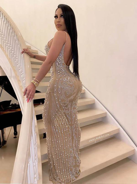 Spaghetti Strap pearl Sequins Beaded Mermaid Dress - REBECATHELABEL