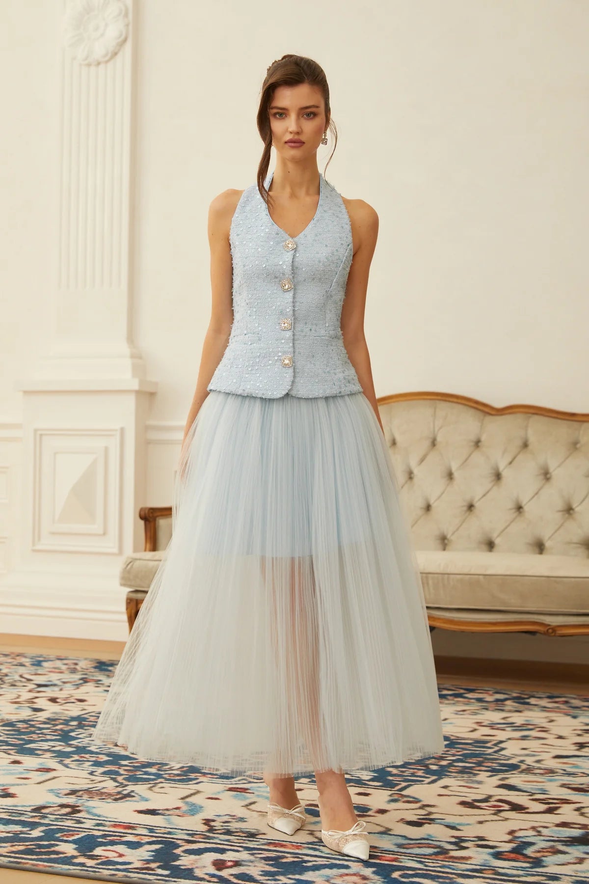 Blue Tweed Waistcoat & Tulle Skirt Set