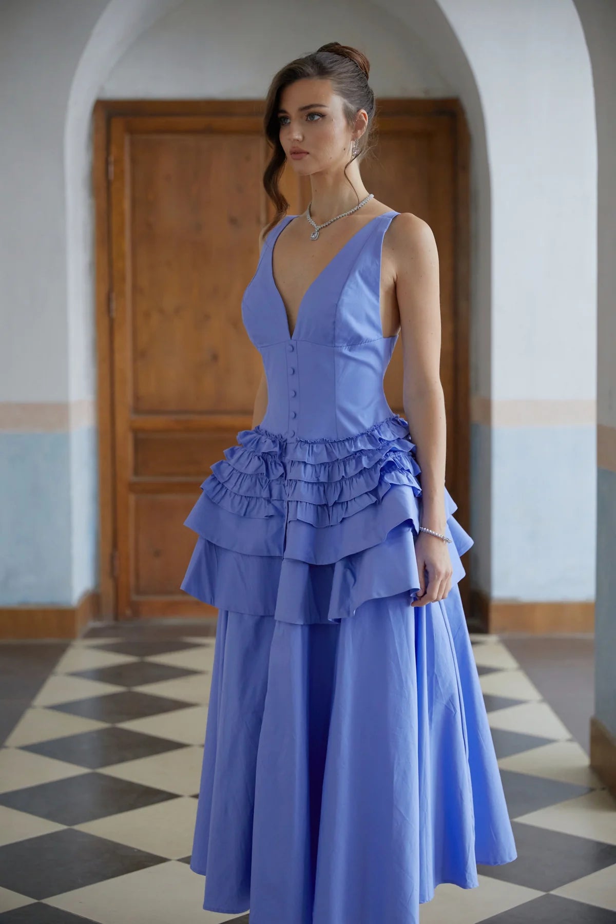 Blue Ruffled Tiered Midi Dress