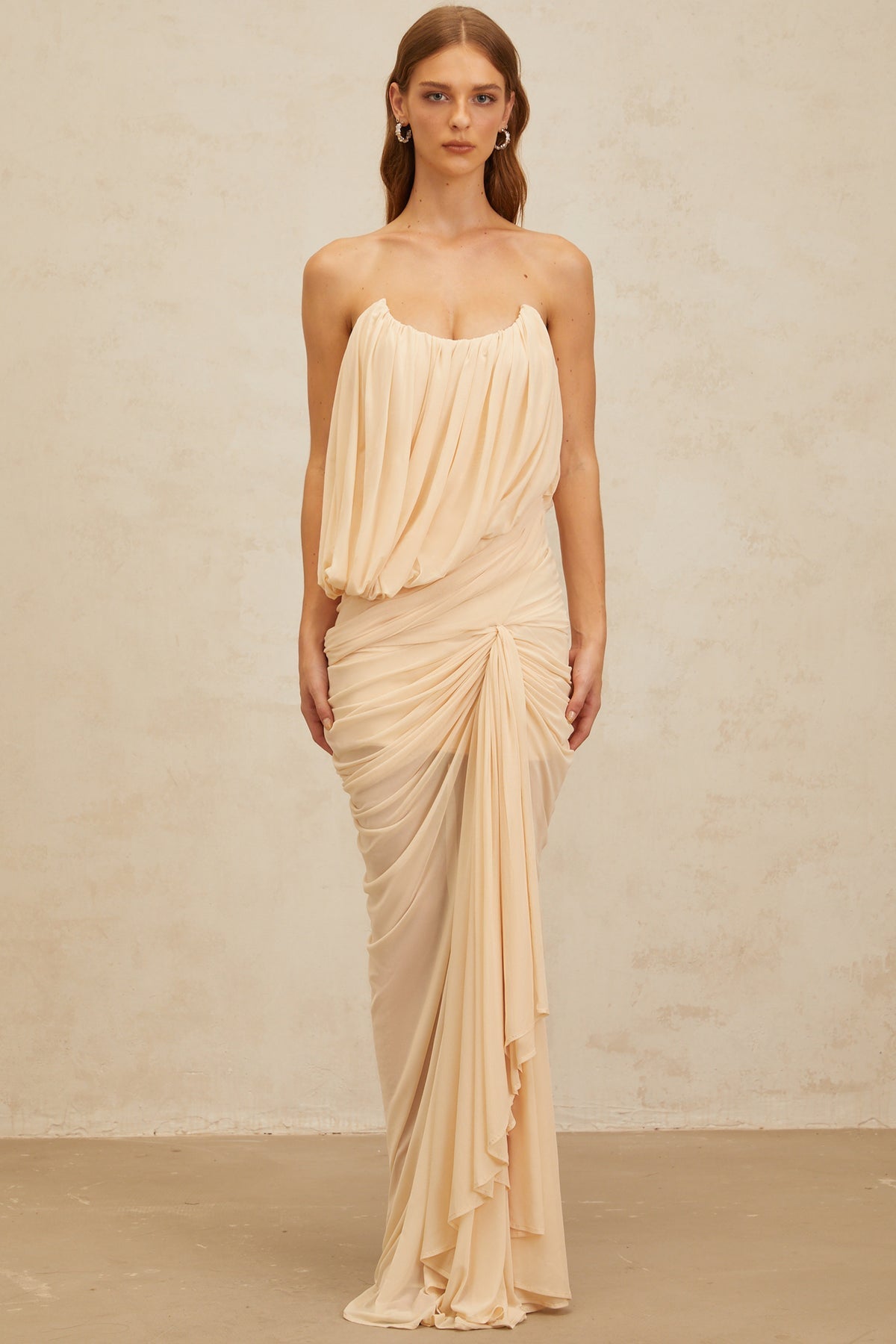 Neutrals Draped Ruched Maxi Dress
