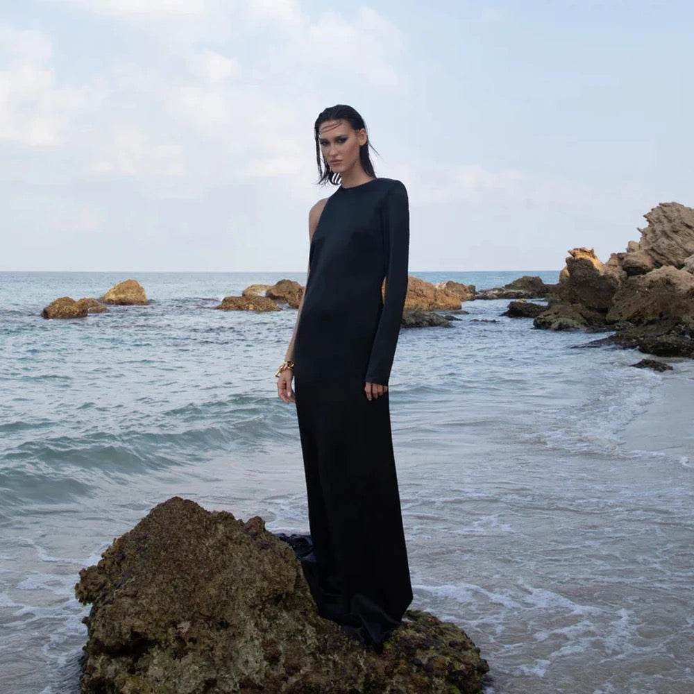 One Shoulder Open Back Mermaid Chain Tight Long Dress - REBECATHELABEL