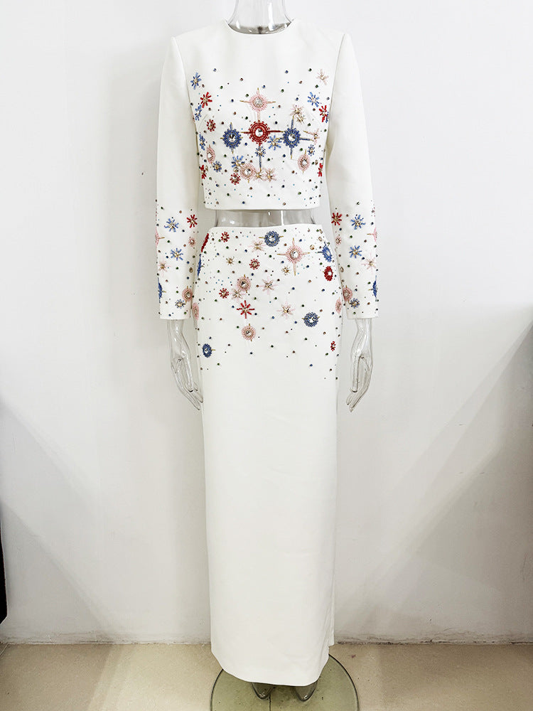 Crystal Long 2 Piece Skirts Suits Sexy Crop Tops Beading Midi Skirts Suit