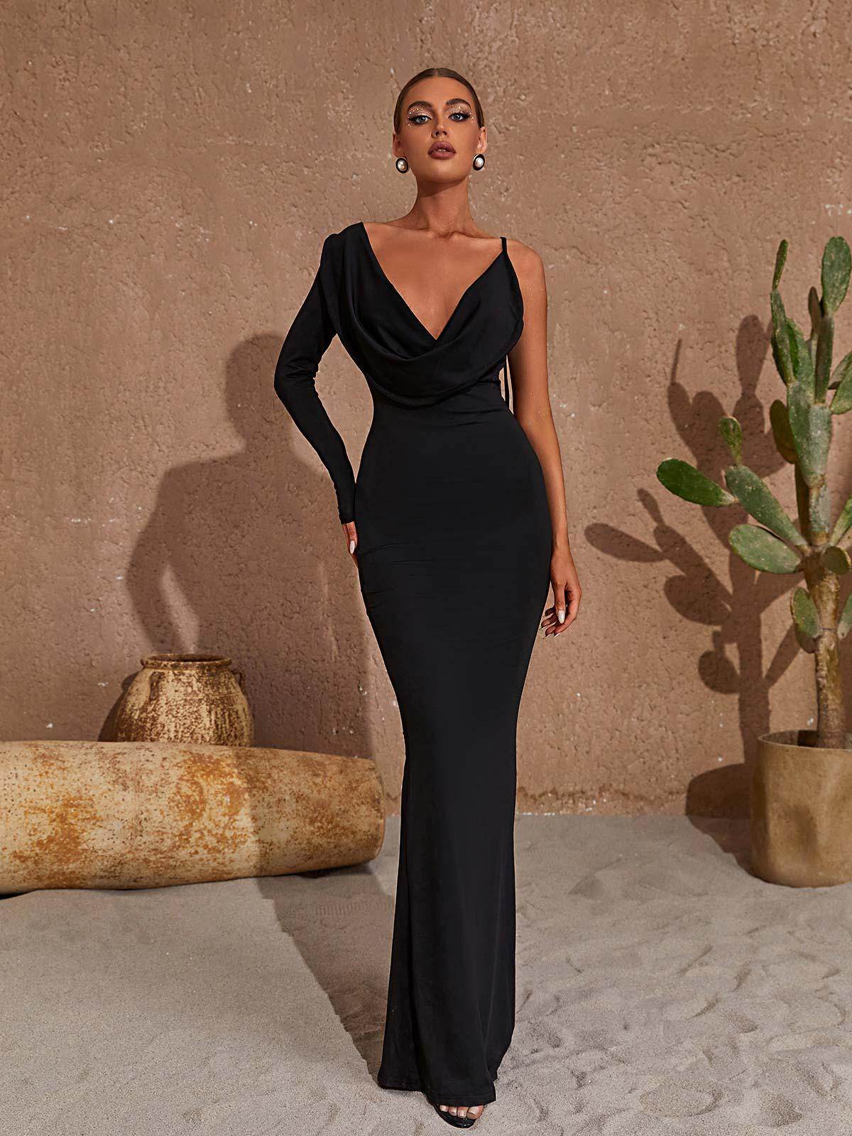 One Shoulder Backless Maxi Dress In Black - REBECATHELABEL