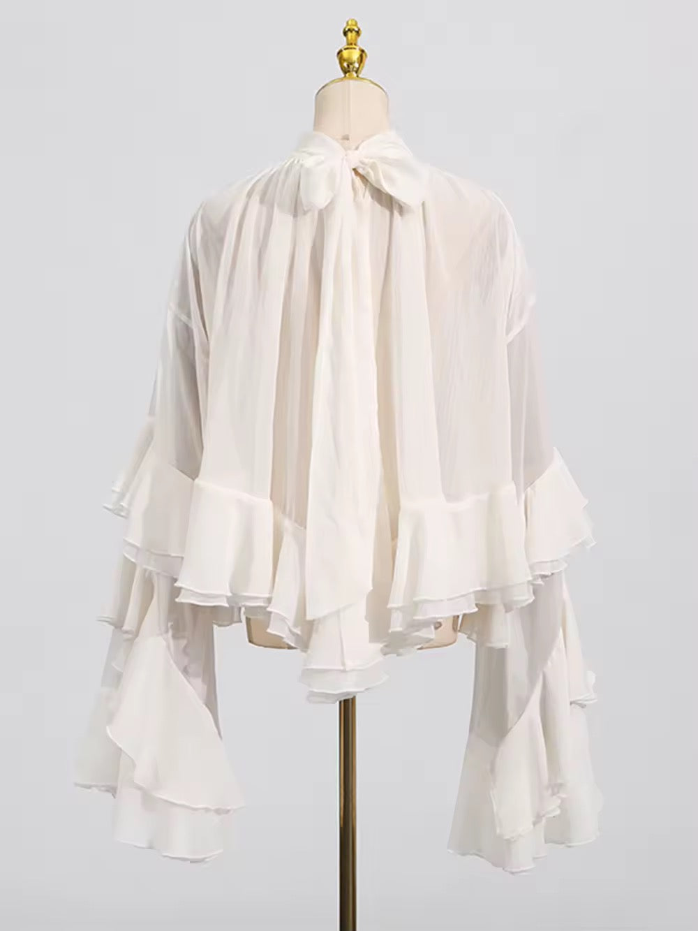 Chiffon Ruffle Blouse Sheer Lace Up Full Flared Sleeve Irregular Shirt