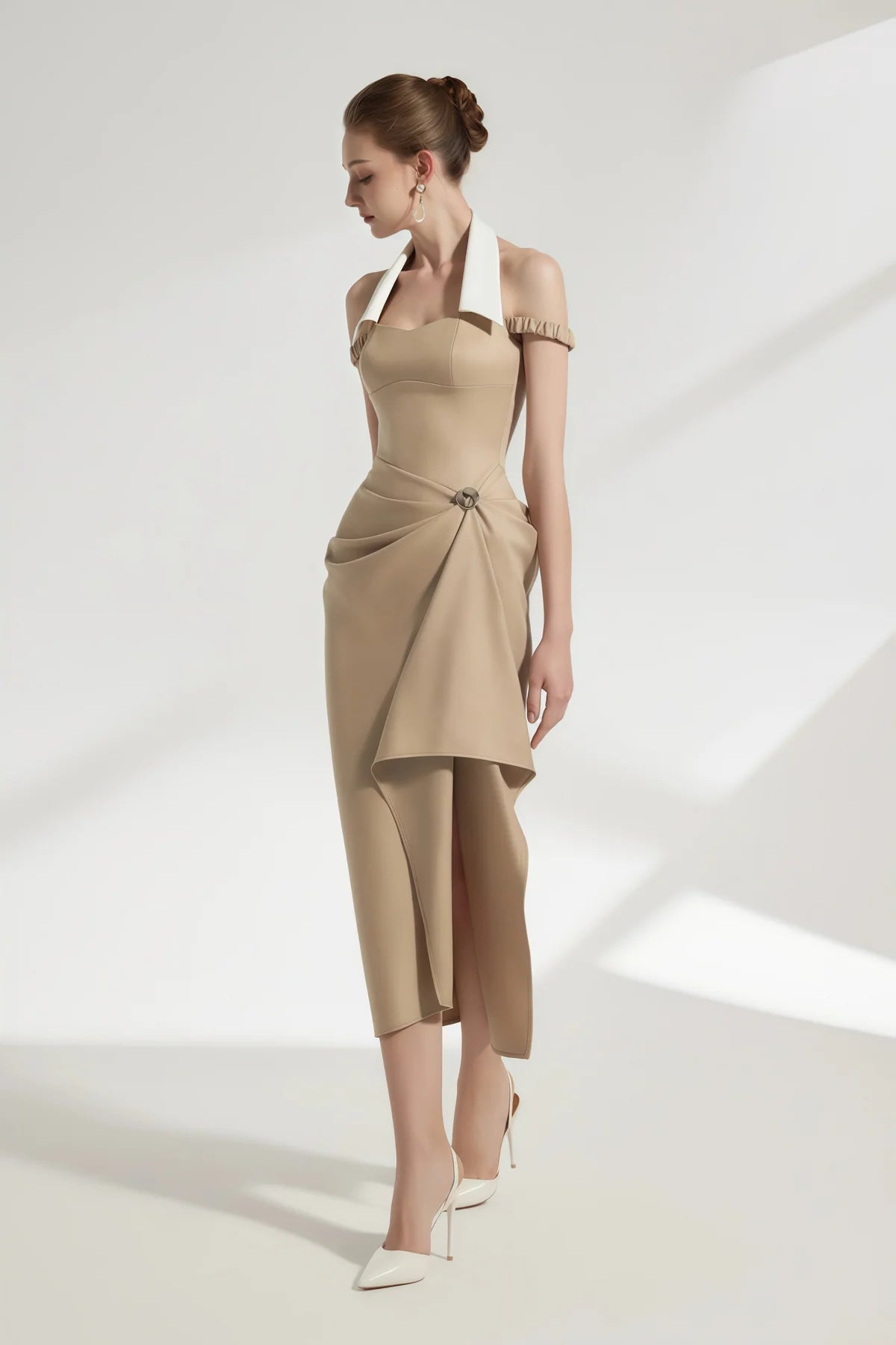 Khaki Halterneck Asymmetrical Gathered Midi Dress