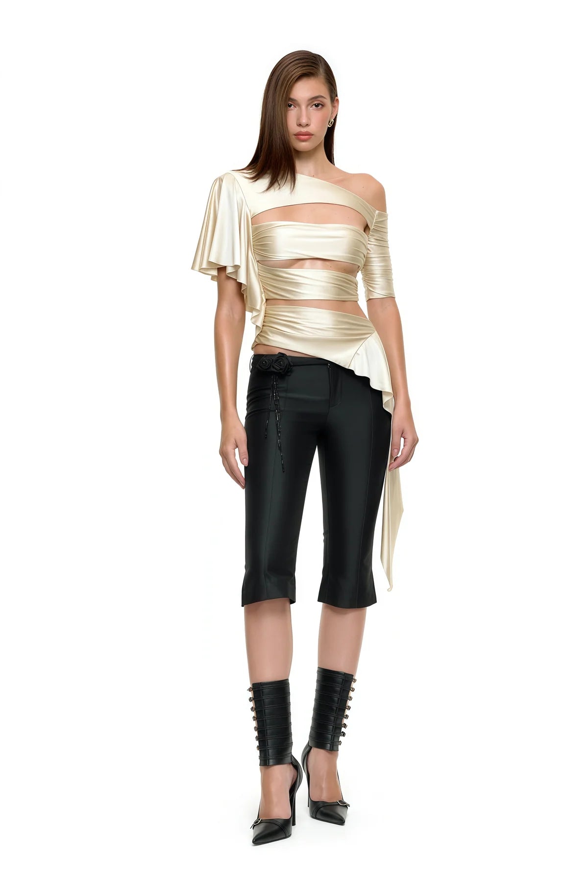 Beige Asymmetrical Cut Out Satin Top