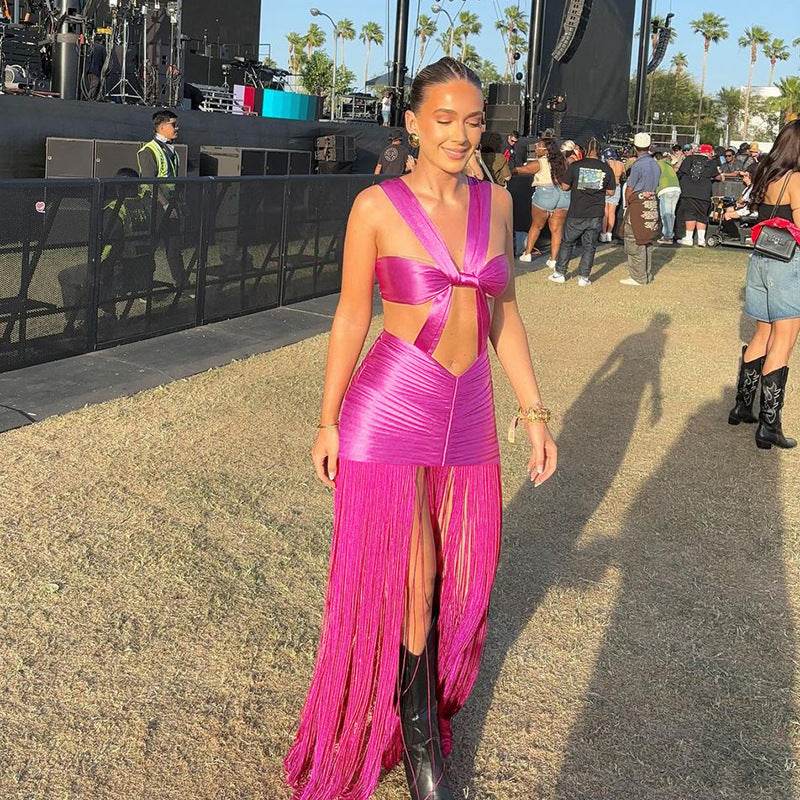 Butterfly Strap Exposed Cropped Strap Length Tassel Dress - REBECATHELABEL