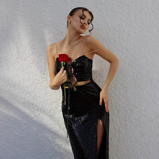 Sequin Maxi Hollow out Strapless Halter Open back dress - REBECATHELABEL