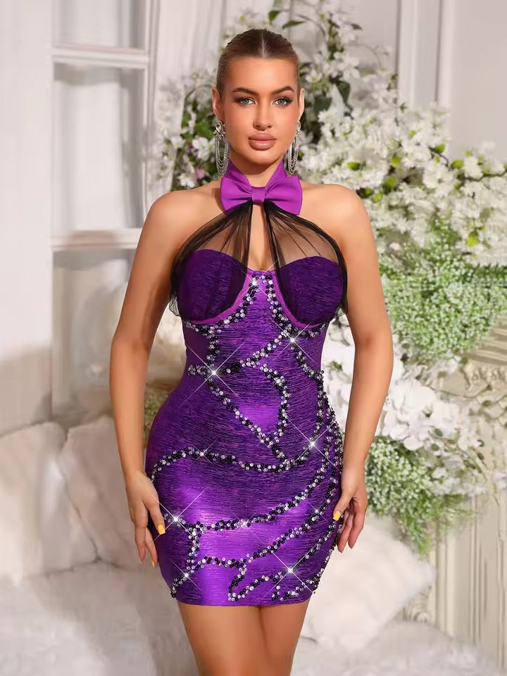 Gauze Patchwork Diamond Bandage Sexy Mini Dress