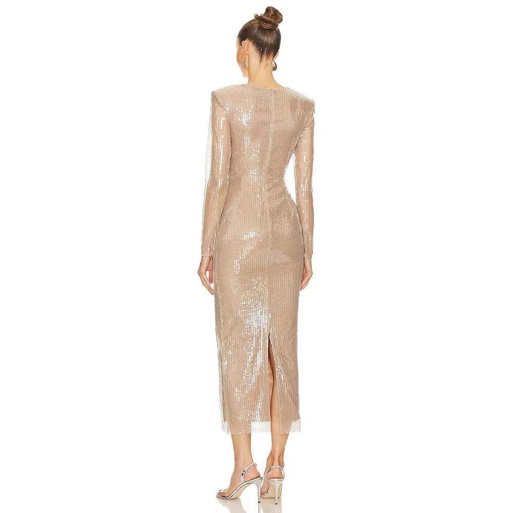 V-neck Long sleeved 3D Flower Sequin Hollow Tight Midi Dress - REBECATHELABEL