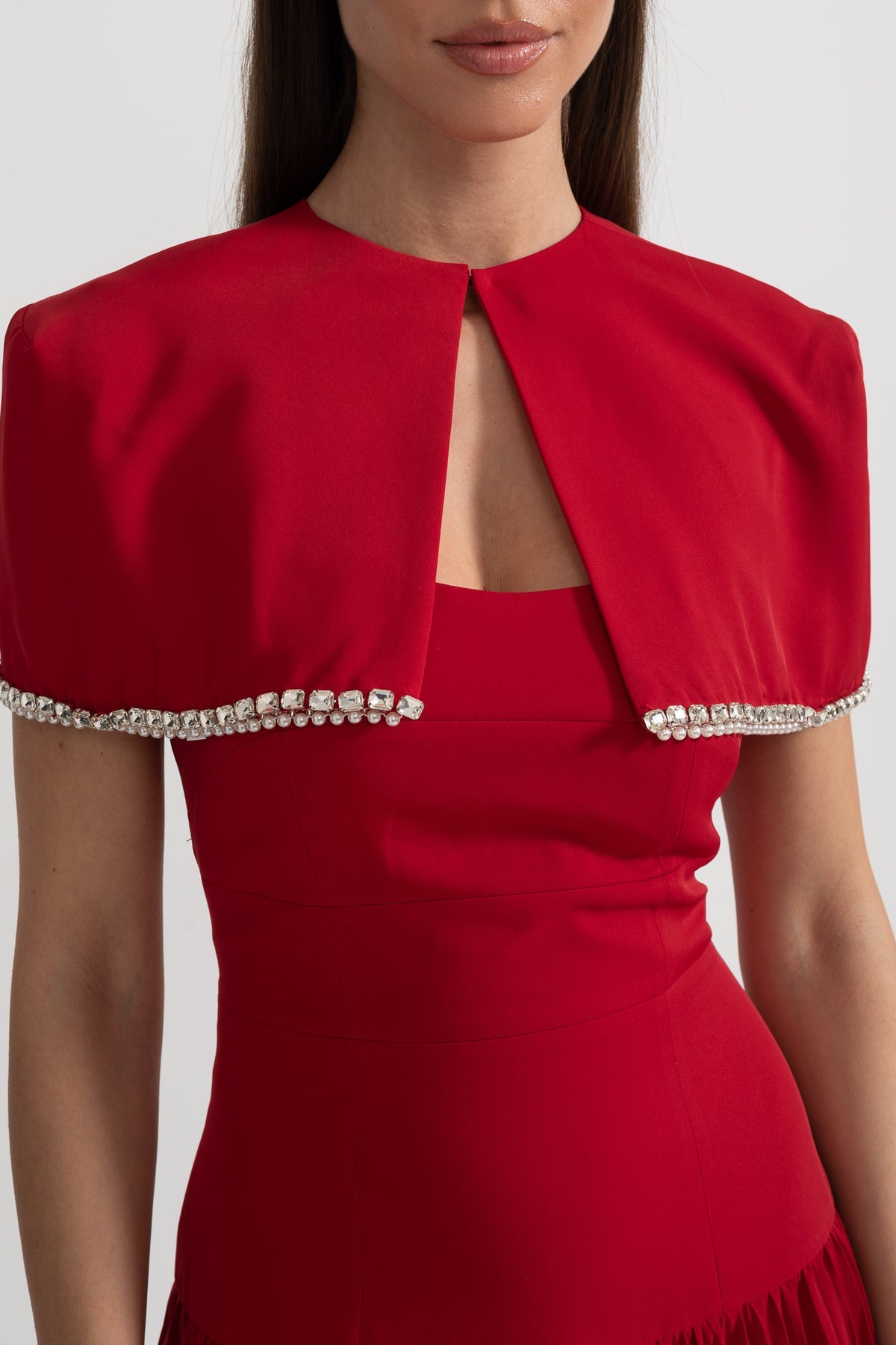 PLEATED MIDI DRESS WITH DETACHABLE EMBELLISHED SHOULDER CAPE - RED