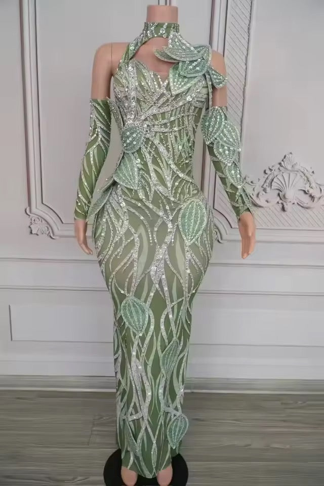 Leaf Dress Rhinestone Long Dress With Gloves