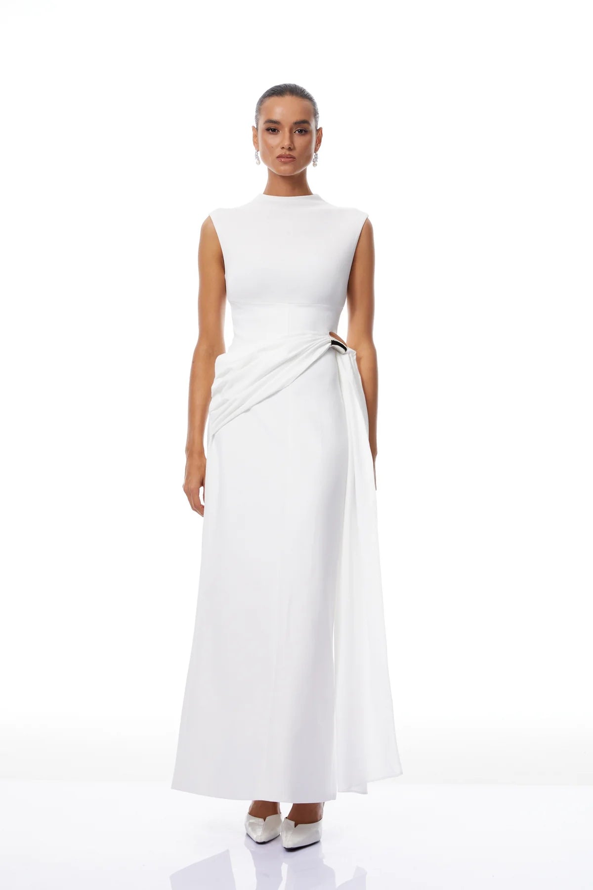 White Knit Panel Gathered Maxi Dress