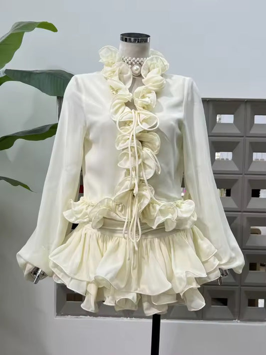 Culottes Two Piece Set Sexy Lace-up Ruffles Long Sleeves Top + Diamonds Mini Skirts Suits