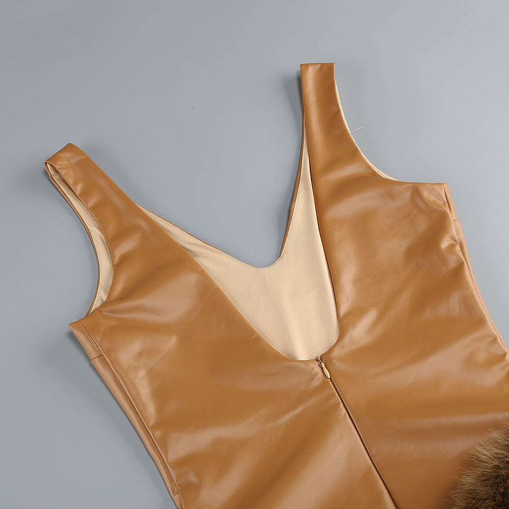 Deep V Neck Faux Leather Fur Patchwork Bodysuit