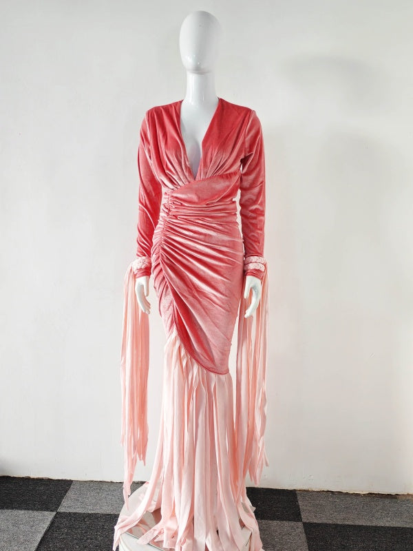 Deep V Neck Folds Patchwork Tassel Long Dress