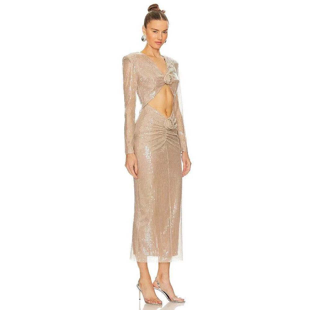 V-neck Long sleeved 3D Flower Sequin Hollow Tight Midi Dress - REBECATHELABEL