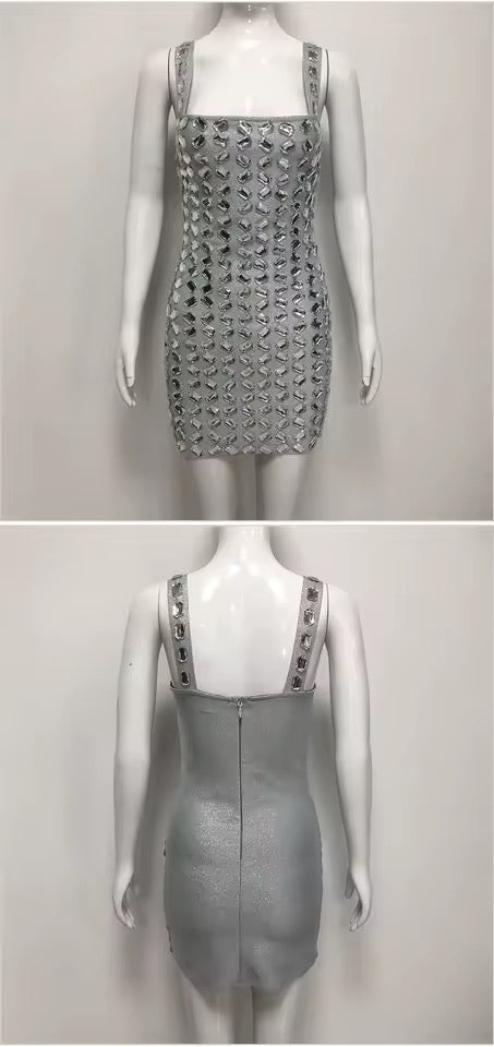 Crystal Diamonds Spaghetti Strap Square Neck Mini Bodycon dress