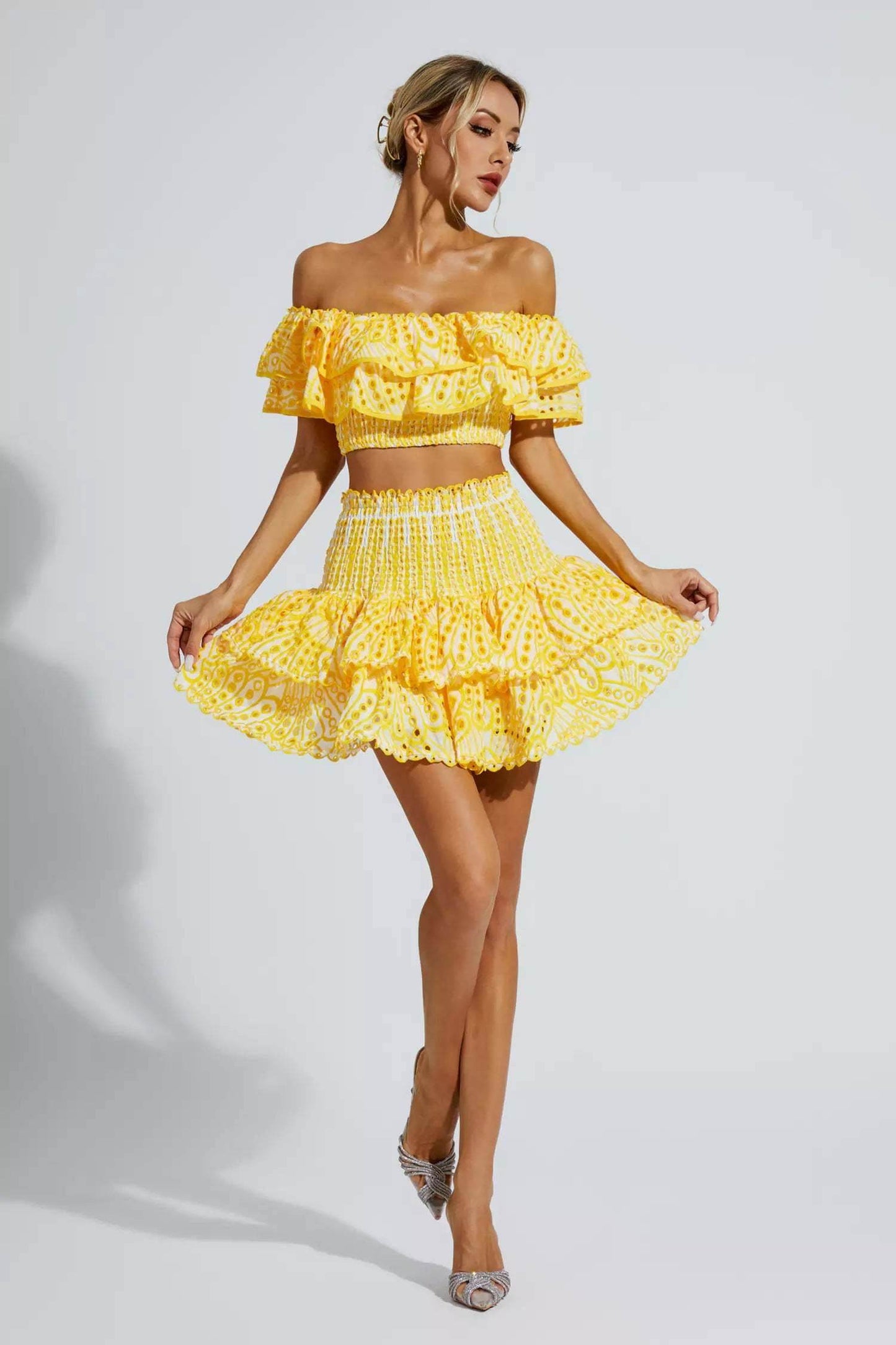 Yellow Floral Ruffle Off-Shoulder Set - REBECATHELABEL