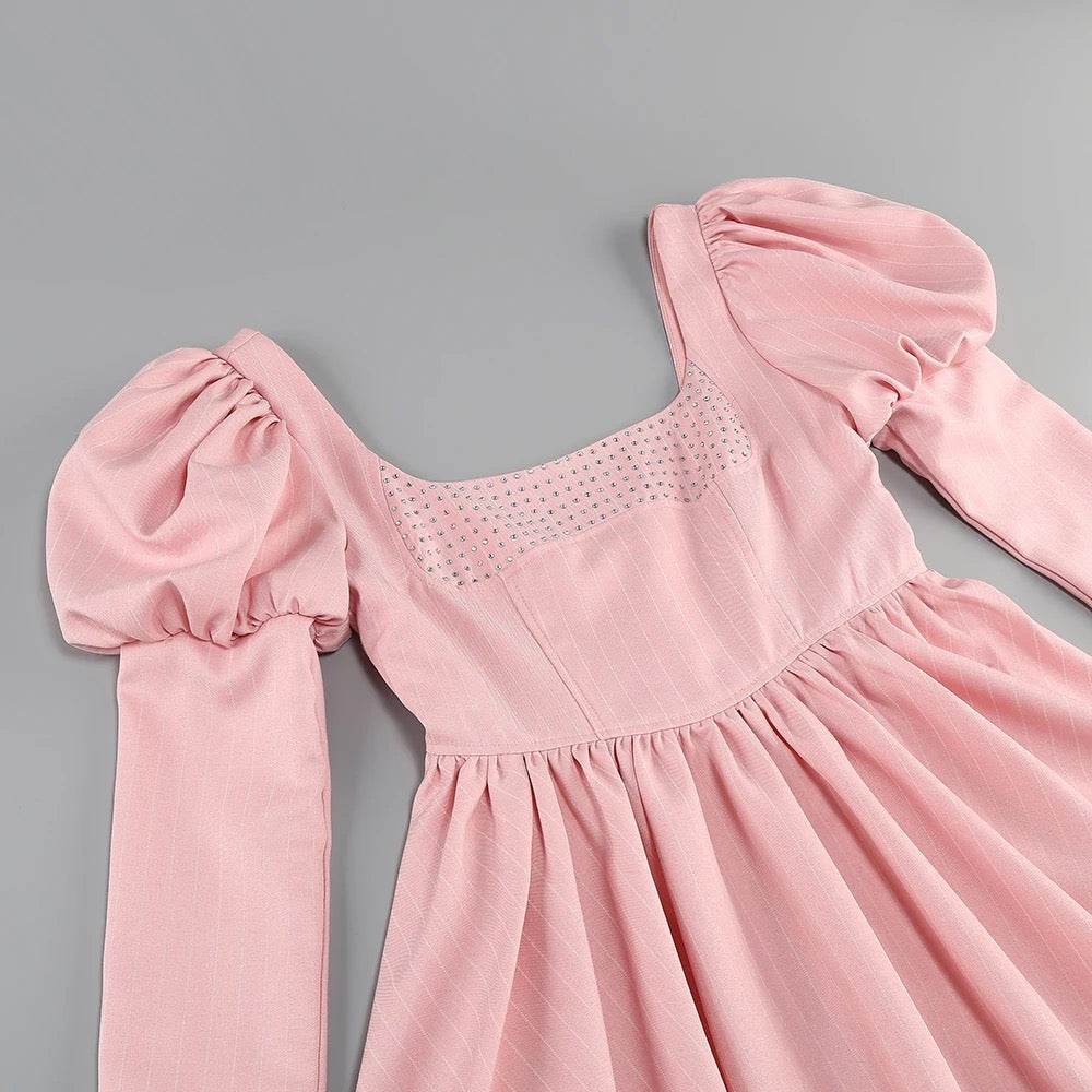 Pink Stripe A-line Diamond Sequins Long sleeved Sexy Mini Dress - REBECATHELABEL
