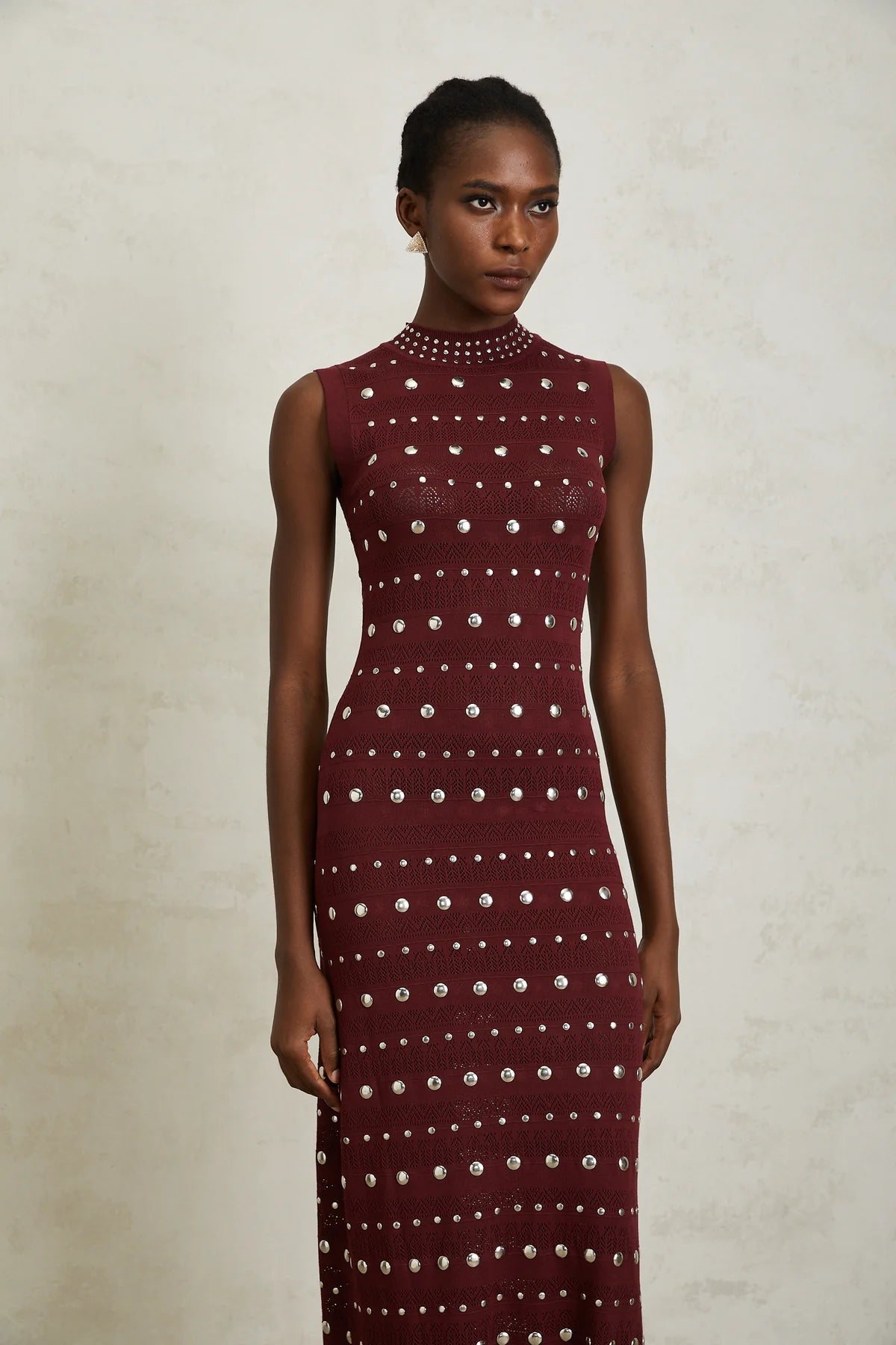 Red Studded Crochet Knit Maxi Dress