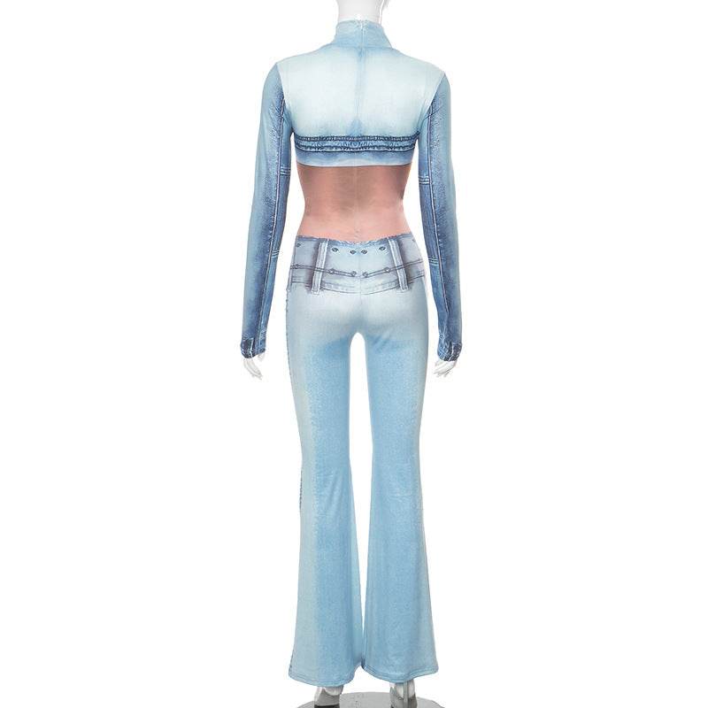 Imitation Denim Body Print Long Sleeve Turtleneck Horn One Piece - REBECATHELABEL