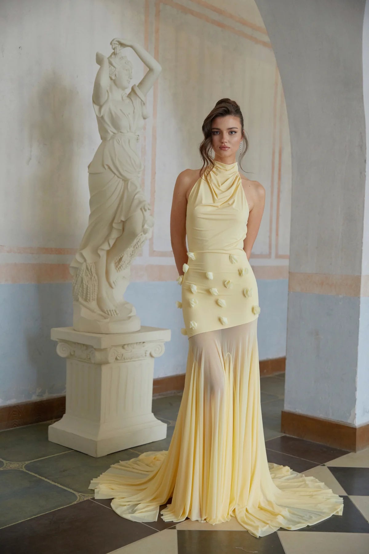 Yellow 3D Petal Mermaid Maxi Dress