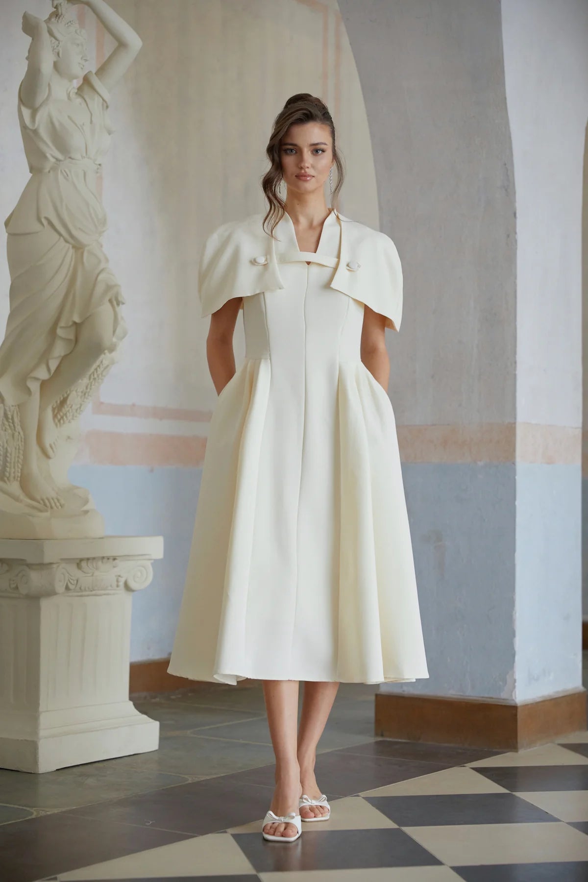 Neutral Shawl Detail Shirred Midi Dress