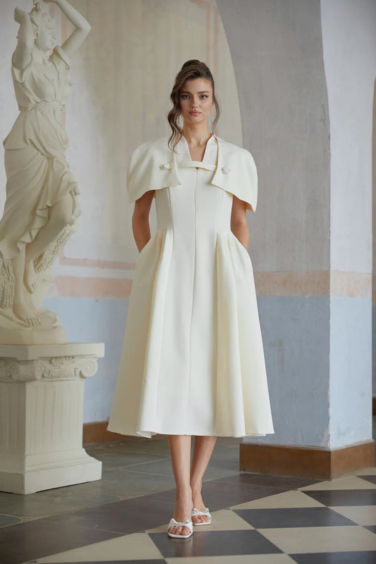 Neutral Shawl Detail Shirred Midi Dress