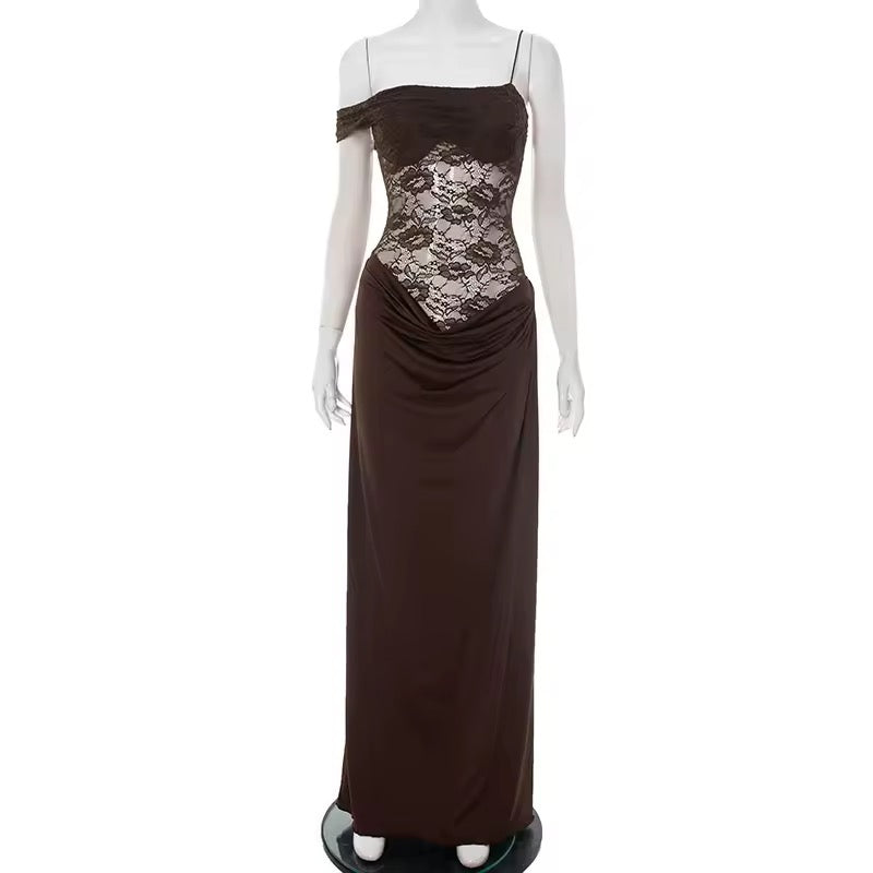 Brown Lace Panel Asymmetrical Maxi Dress