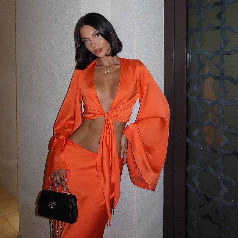 Lace Up Long Sleeve Sexy French V Neck Low Waist set - REBECATHELABEL