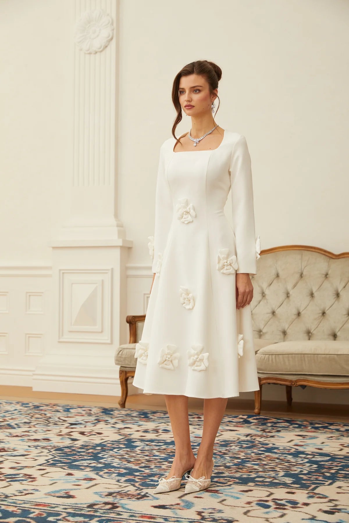 White 3D Petal Darted Midi Dress