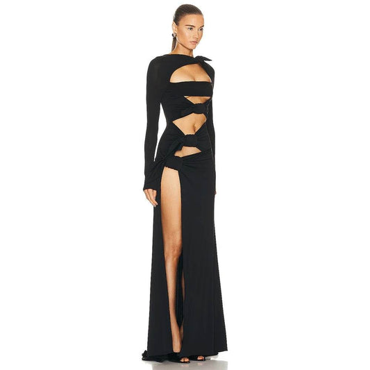 Long Sleeve Hollow Tight High Split Long Dress - REBECATHELABEL