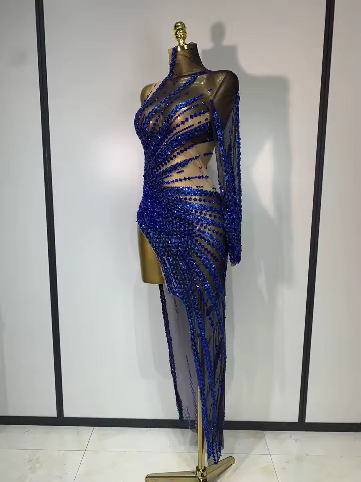 Mesh See Through Diamonds Sequins Dress