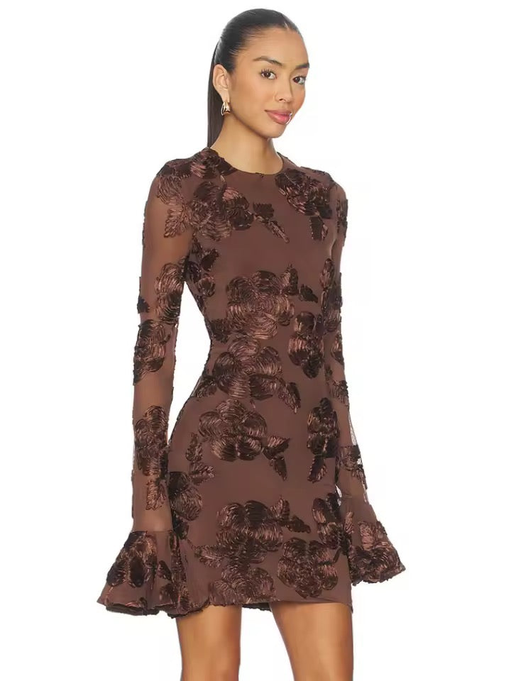 Cocktail Hour Elegance Chocolate Brown Floral Sheer Bell-Sleeve Mini Dress