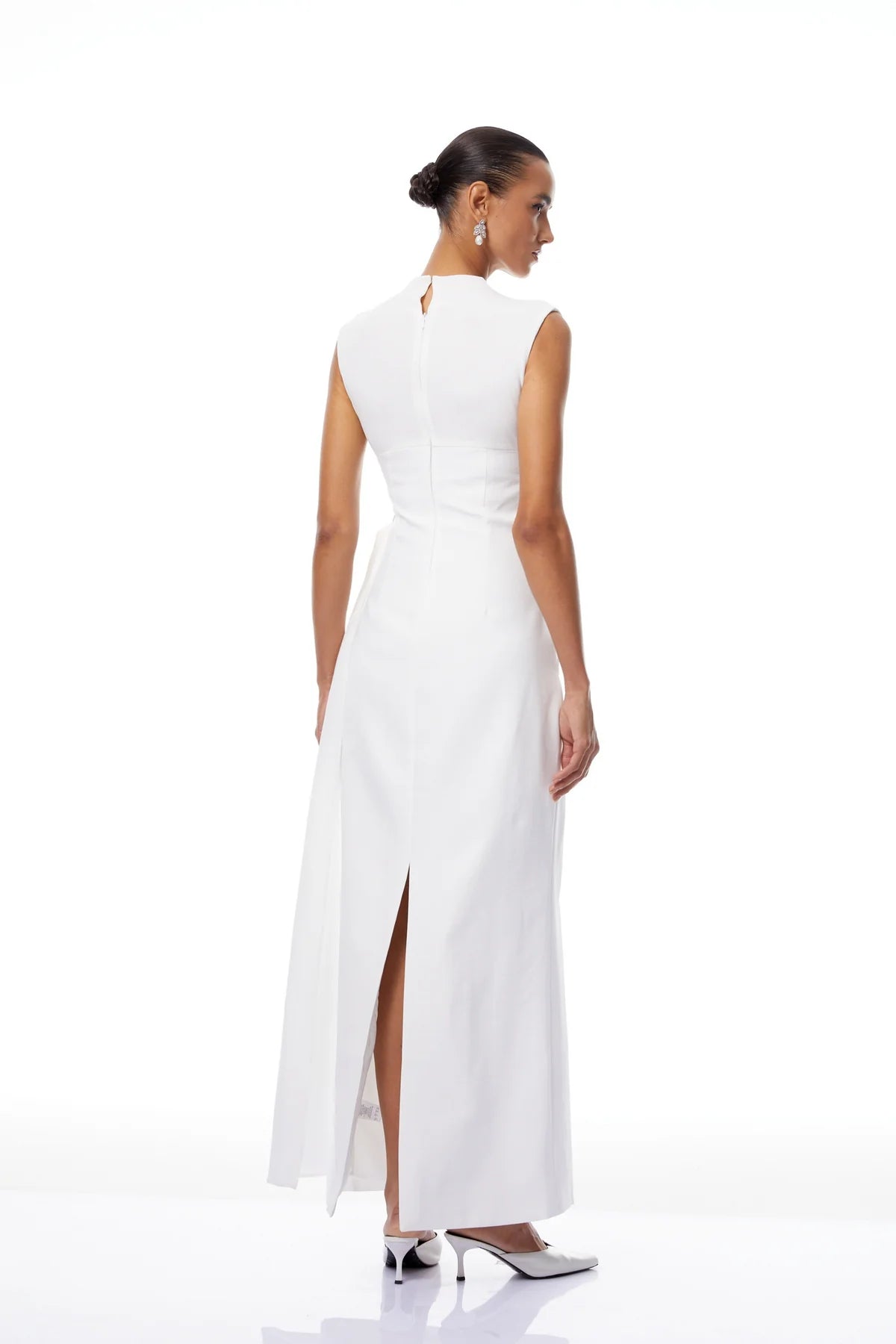 White Knit Panel Gathered Maxi Dress