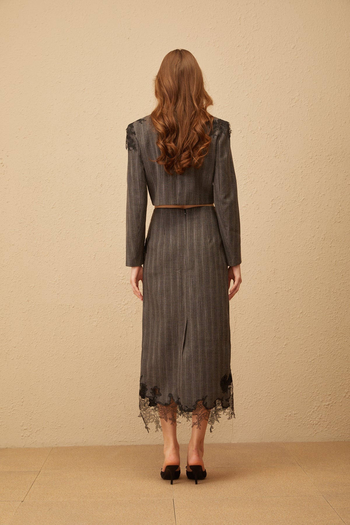 Grey Floral Appliqué Striped Blazer & Skirt Set