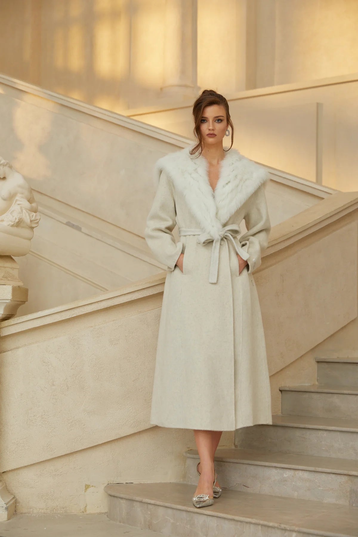 Off White Fur Lapel Long Wool Coat