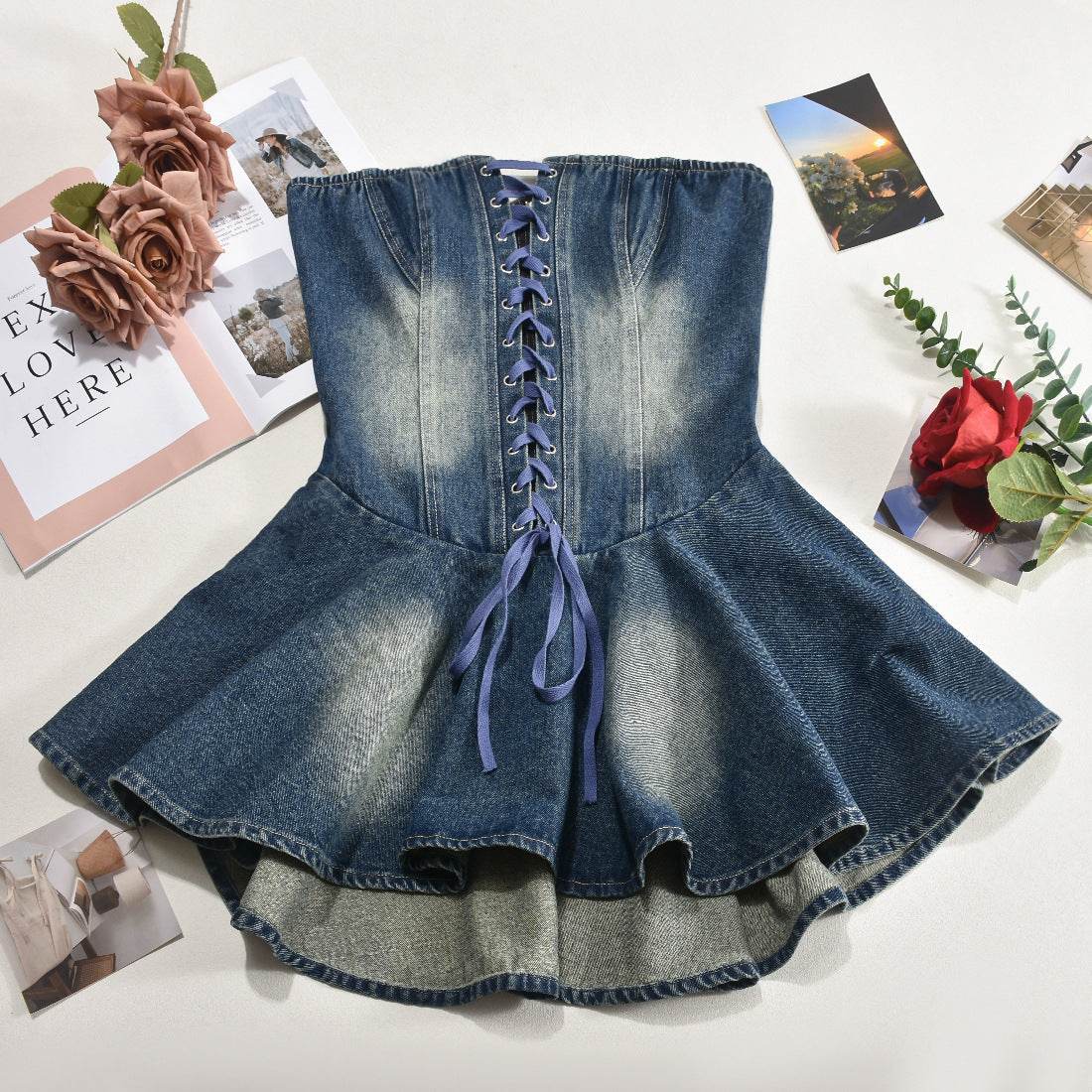 Zipper Lace up Bandeau Sexy Sexy Denim Flounced Dress - REBECATHELABEL