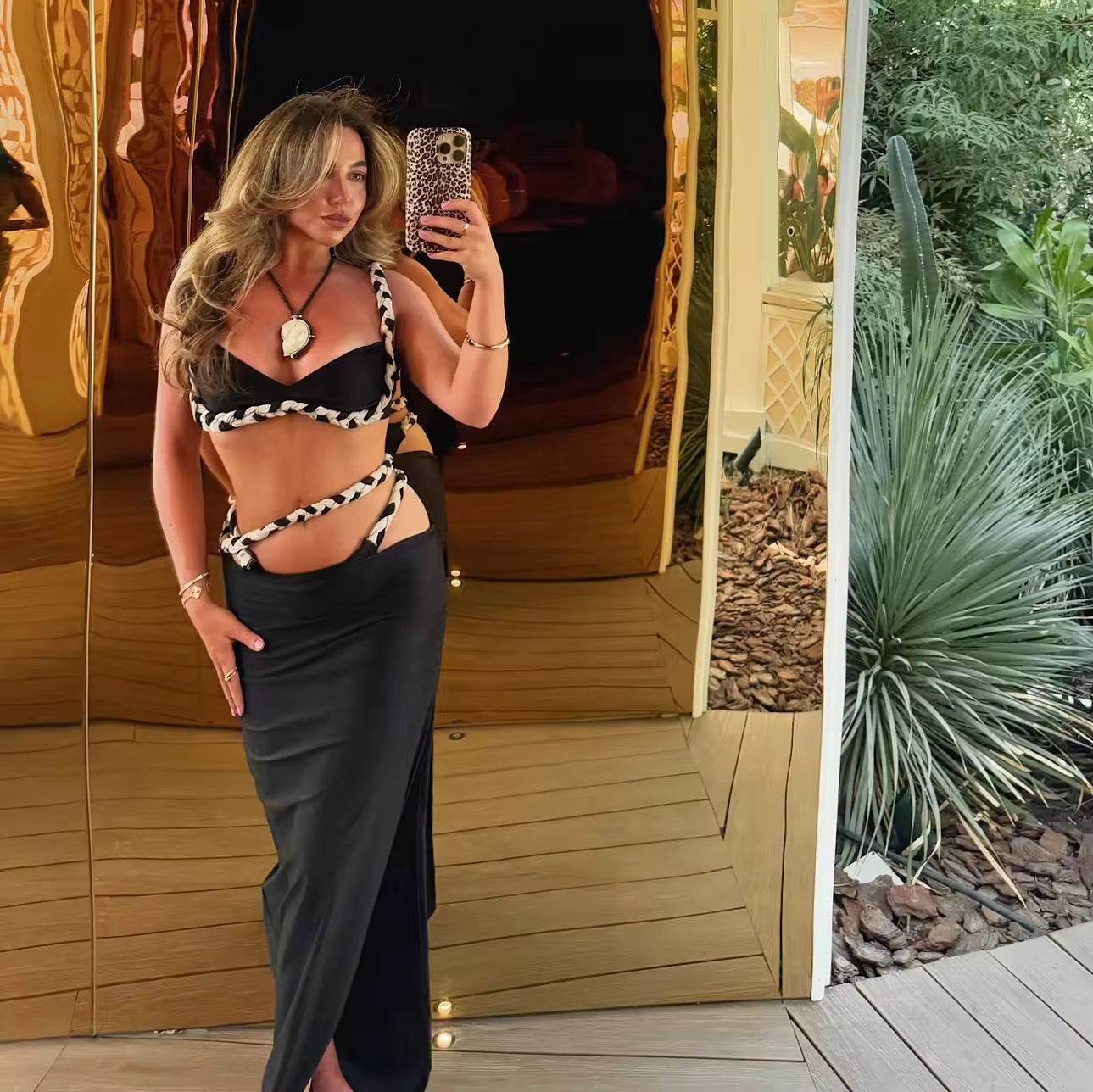 Bikini With Long Skirt Push Up Swimwear Solid Black Patchwork Bathing Suits - REBECATHELABEL