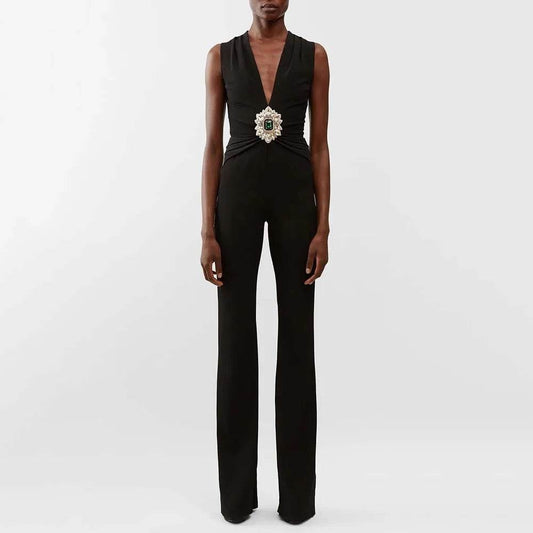 Sexy V-neck Sleeveless Diamond Tight Long jumpsuit - REBECATHELABEL