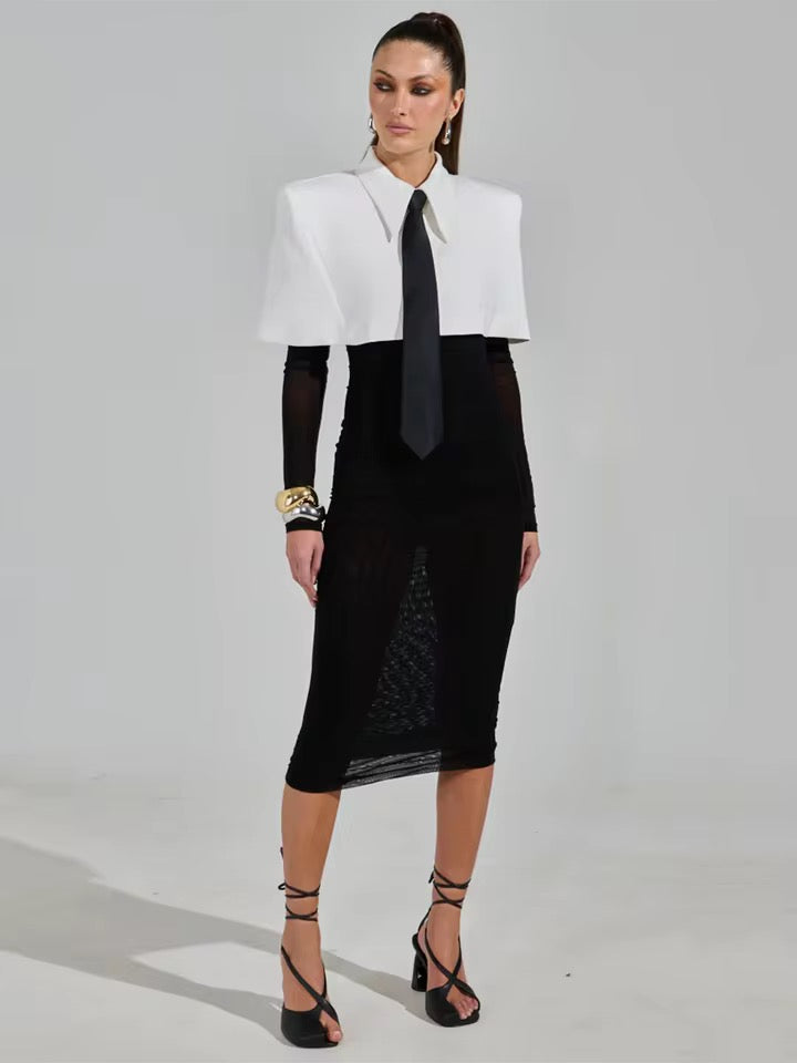 Lapel Slim Midi Shirt Dress Long Sleeved Sexy Mesh set