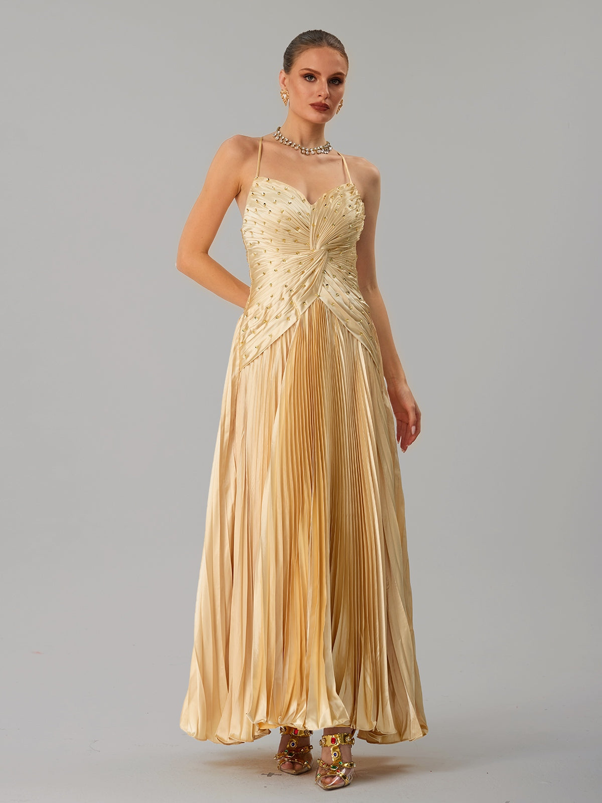 Spaghetti Twisted Pleated Maxi Dress